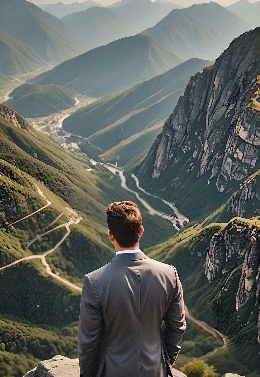 businessman, man, professional, suit, male, fashion, executive, nature, corporate, success, career, challenge, growth, leadership, pinnacle, mountain, apex, achievement, motivation, victory, goal, top, ai generated, copy space, travel, tourism